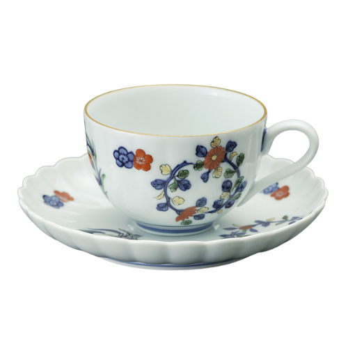 Conjunto de Xícara e Prato Arita Ware Somenishiki Hanawa Kikubuchi